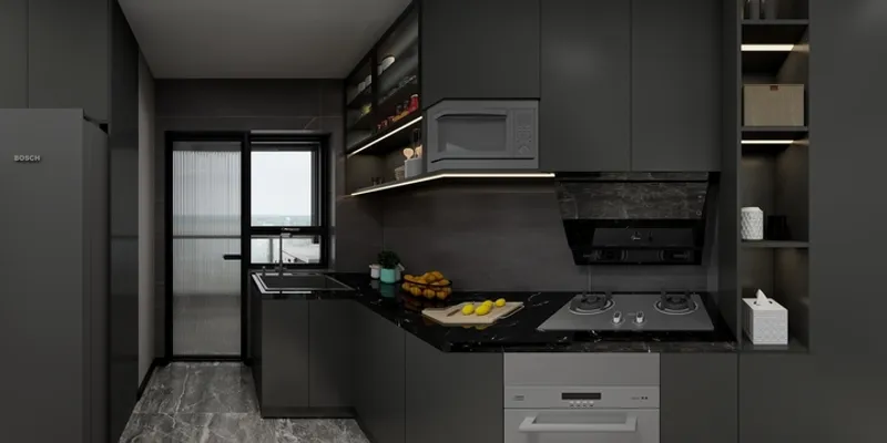 Modern dark kitchen with black cabinets, marble surfaces, gas stove, microwave, oven, and warm lighting