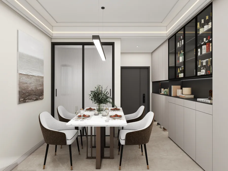 Modern dining room with marble table, four chairs, linear ceiling light, and grey wall cabinets