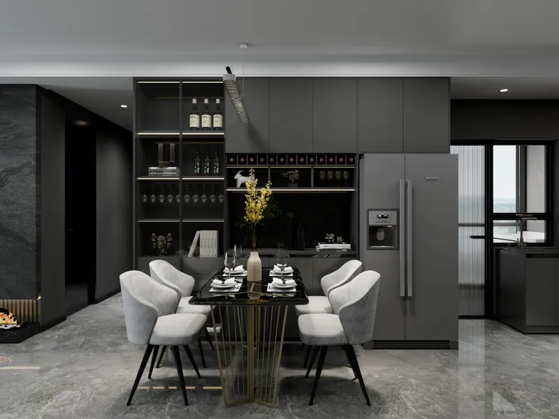 Modern dining room with dark grey cabinets black marble table grey chairs and large refrigerator