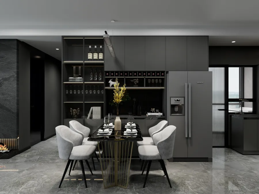 Modern dining room with dark grey cabinets black marble table grey chairs and large refrigerator