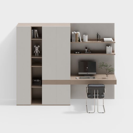 Modern Study Desk Cabinet Combination 3D Model in Golden