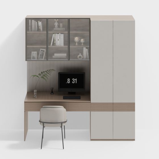 Modern Study Integrated Desk Cabinet 3D Model in Gray