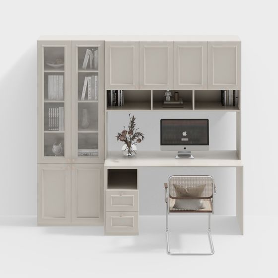 โต๊ะทำงานพร้อมตู้เก็บของสไตล์ครีมโมเดิร์น