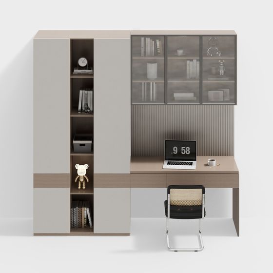 Modern Wood Color Study Desk and Cabinet Combo 3D Model