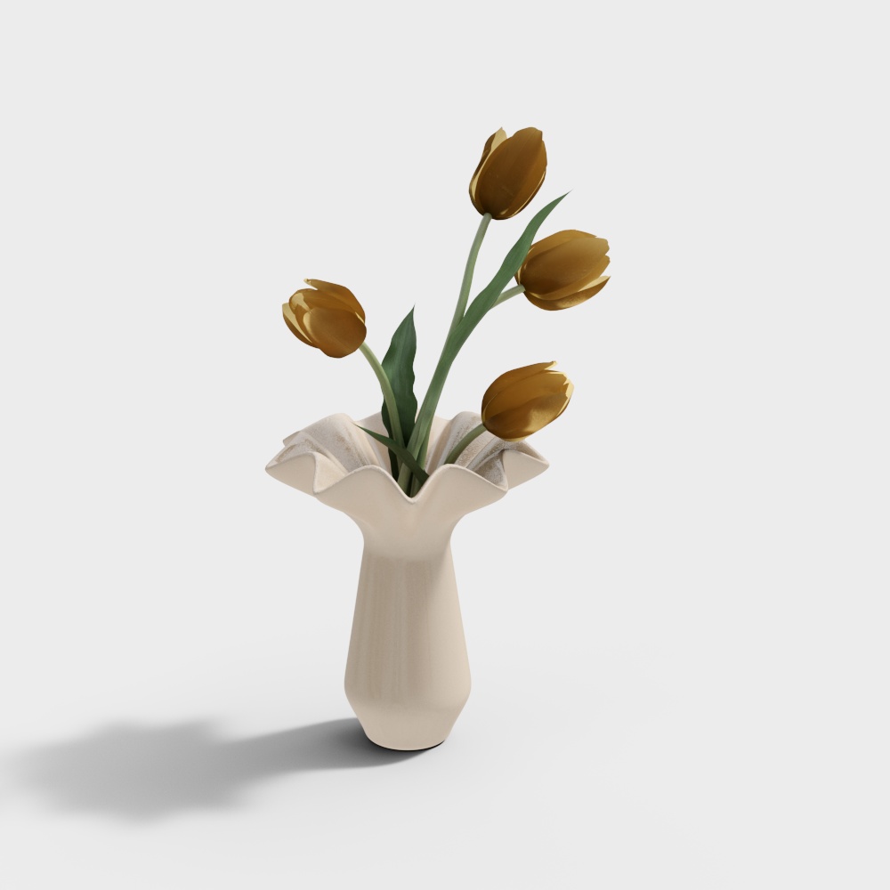 Elegant Tulip Vase 3D Model – Ceramic & Gold Flowers