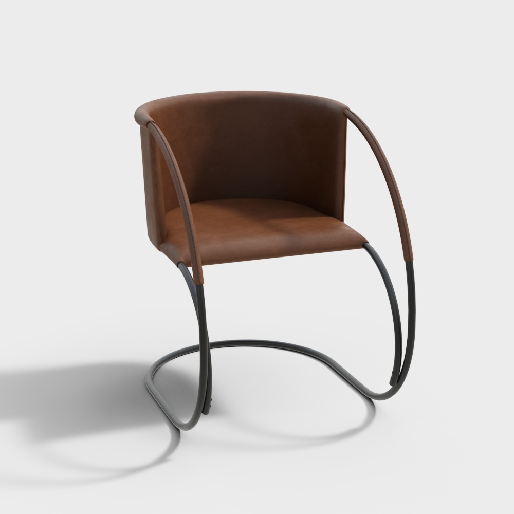 Sleek Leather Chair 3D Model – Brown Leather & Gray Frame