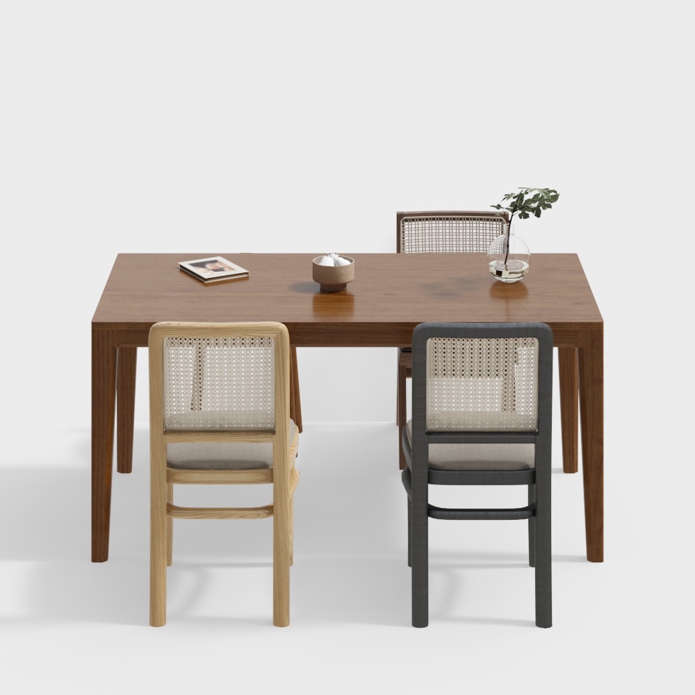 Wooden Dining Table and Rattan Chair Set – Low-Poly 3D Model