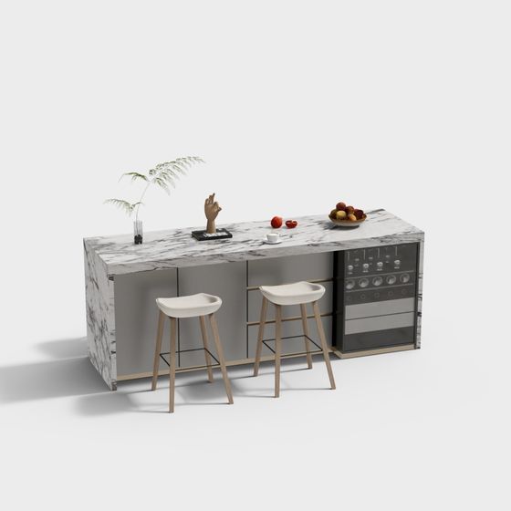 Modern Open Kitchen Center Island 3D Model in Gray Finish