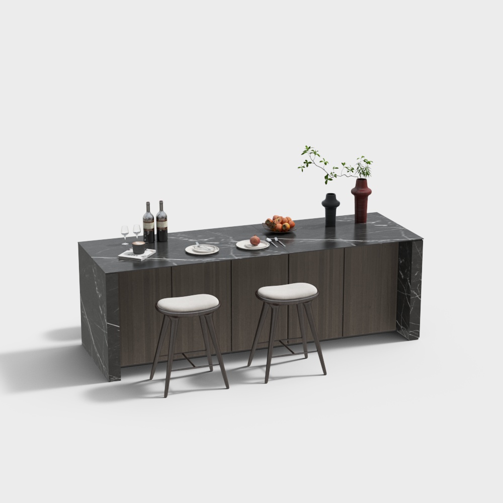 Stylish Minimalist Bar Counter 3D Model – Marble & Wood