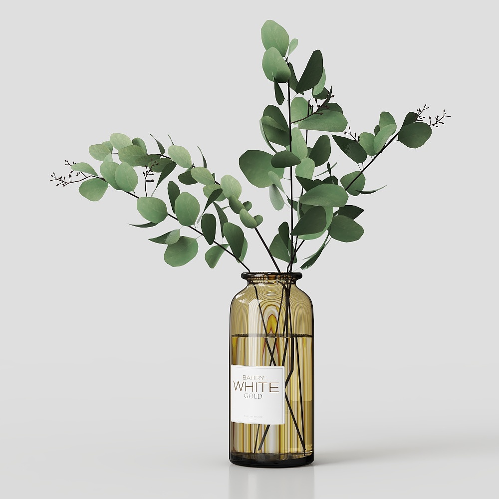 Golden Glass Vase with Eucalyptus – Low-Poly 3D Model