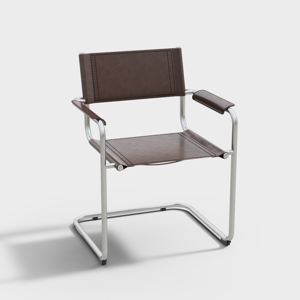 Elegant Minimalist Chair 3D Model – Brown Leather & Metal