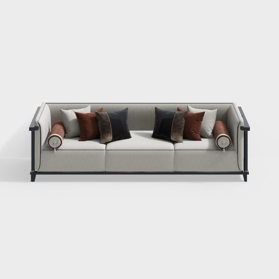 Beige New Chinese Multi-Person Sofa 3D Model for Stylish Living Spaces