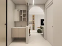 Interior design drawing showing modern hallway with sink cabinet leading to an arched living room