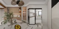 Dining room with marble table, yellow lemons, green plant, wooden cabinets, and woven ceiling light