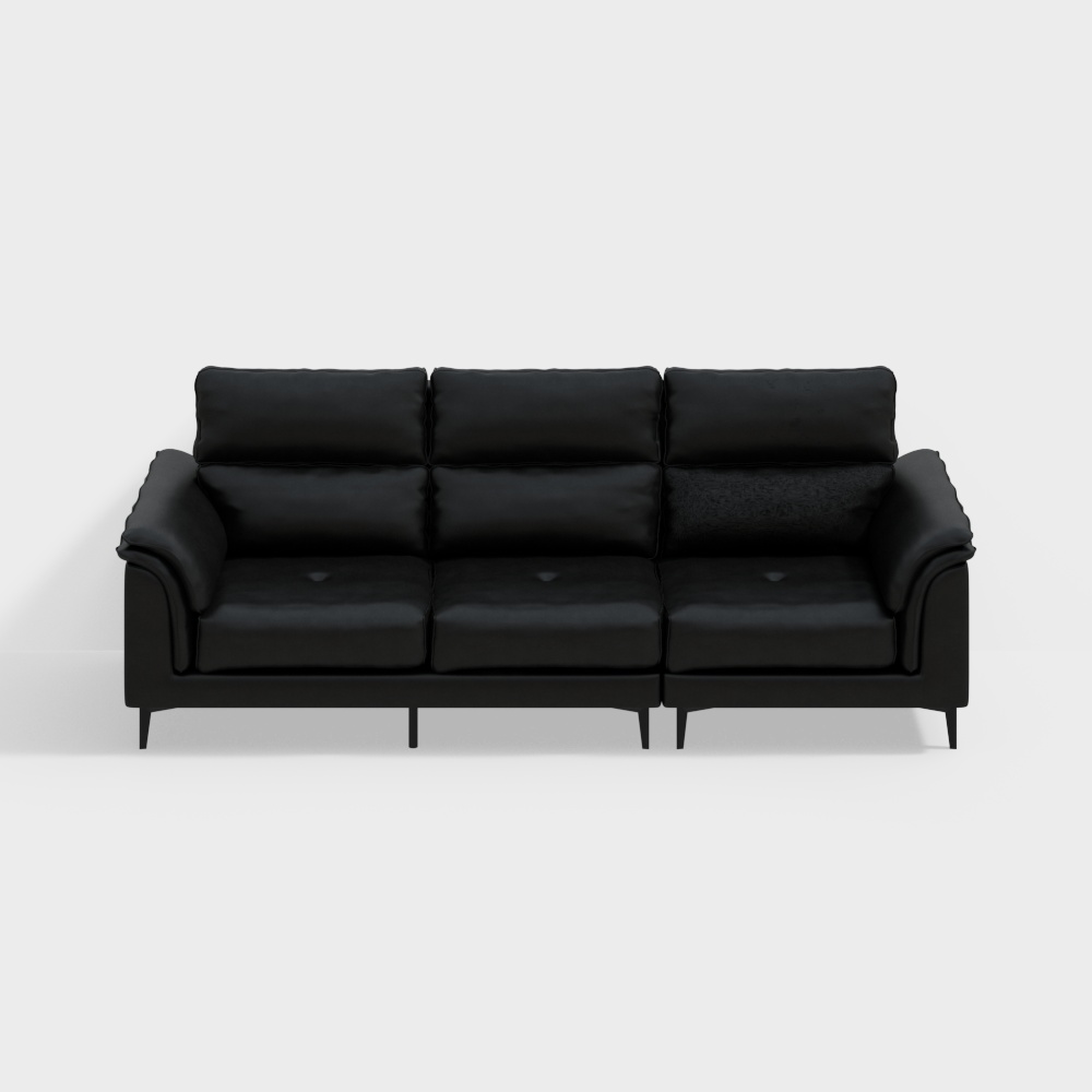Modern black leather sofa with three seats and thin legs on white background