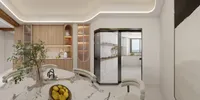 Interior design drawing of dining room with marble table, lemons, wood cabinets, and kitchen view