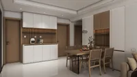 Modern dining room with wooden table, woven chairs, white storage cabinet, and light wood doors