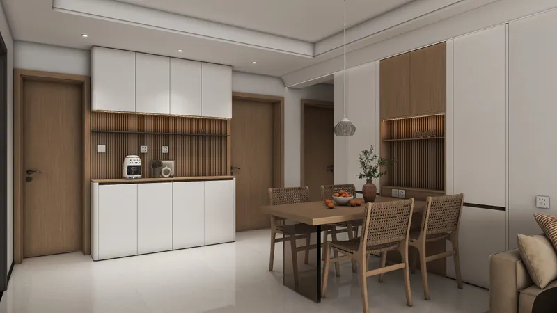 Modern dining room with wooden table, woven chairs, white storage cabinet, and light wood doors