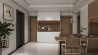 Bright dining space showing wooden table, woven chairs, white storage cabinet, wall art, and plant
