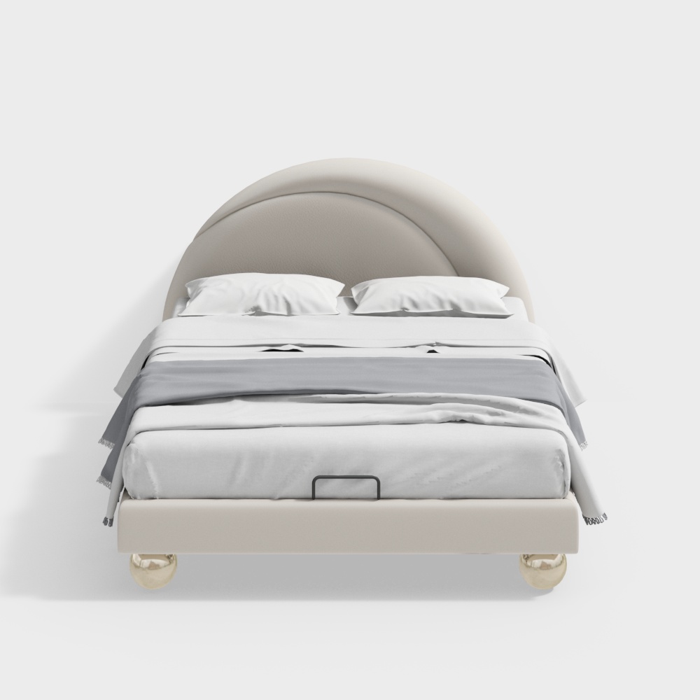 Modern beige upholstered bed with curved headboard and gold legs on white background