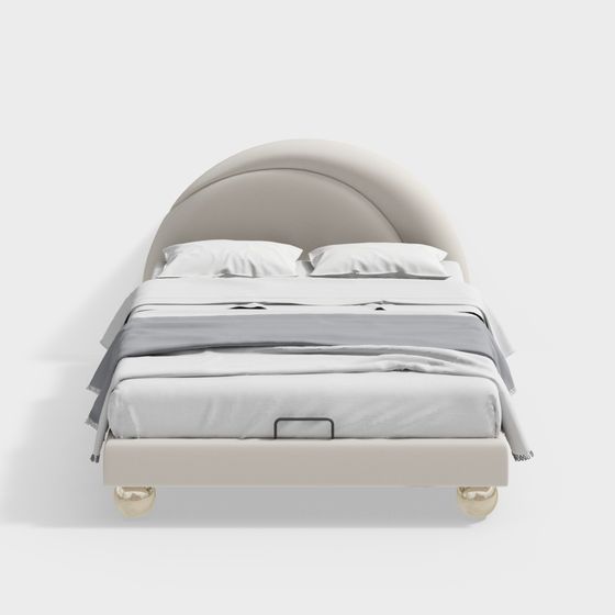 Modern beige upholstered bed with curved headboard and gold legs on white background