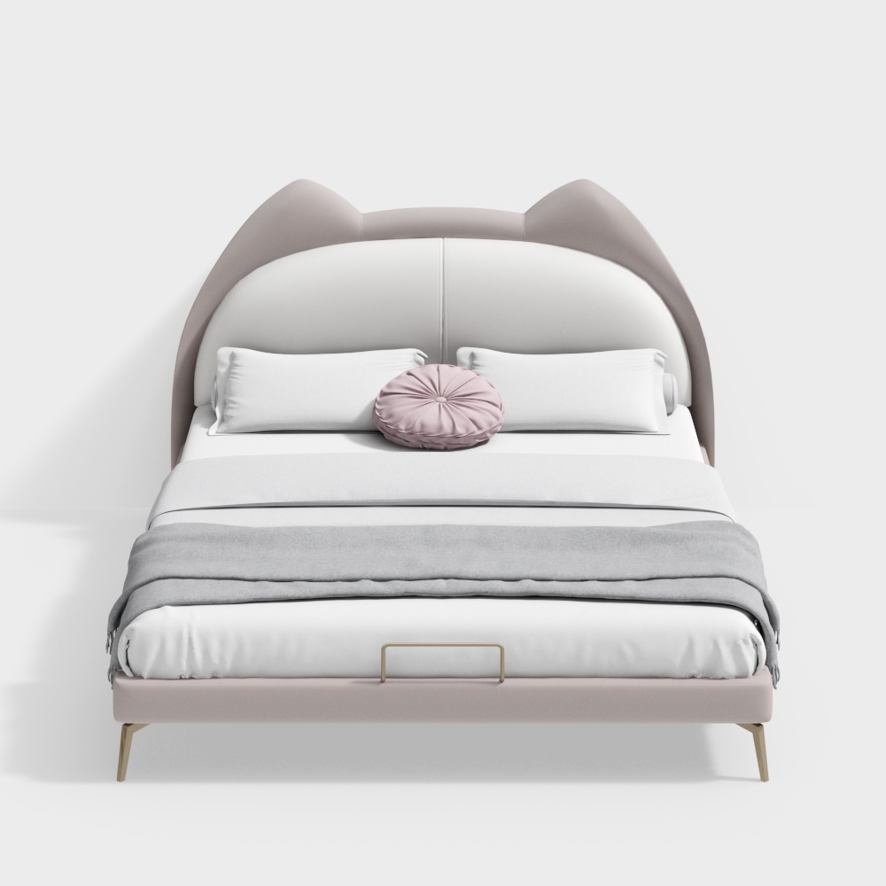 Pink upholstered bed with cat ear headboard and white bedding on white background