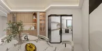 Dining area featuring marble table with lemons, green plant, wood cabinets, and glass kitchen door