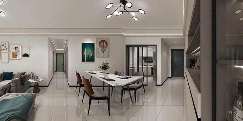 Modern dining room with white marble table, four chairs, black ceiling light, and hallway view
