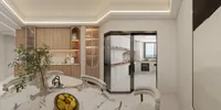 Modern dining area with marble table, lemons, plant, wood cabinets, and sliding glass kitchen door