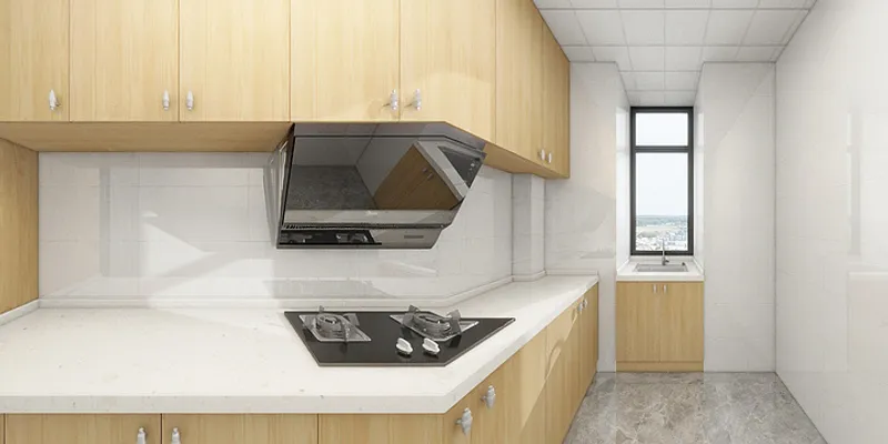 Modern kitchen interior with light wood cabinets white countertops black stove and small window area