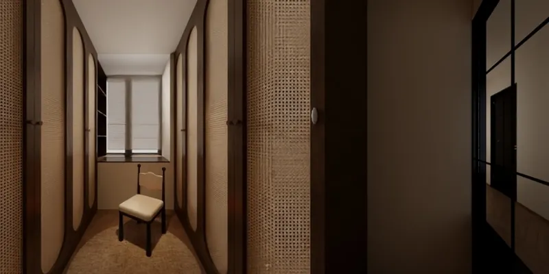 Interior design drawing showing narrow closet with woven door cabinets, small chair, and bright window
