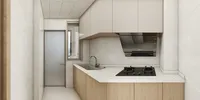 Modern kitchen with wooden cabinets white countertop gas stove sink and a black range hood