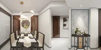 Modern home interior showing dining table, chairs, entryway cabinet with bonsai, and marble wall panel