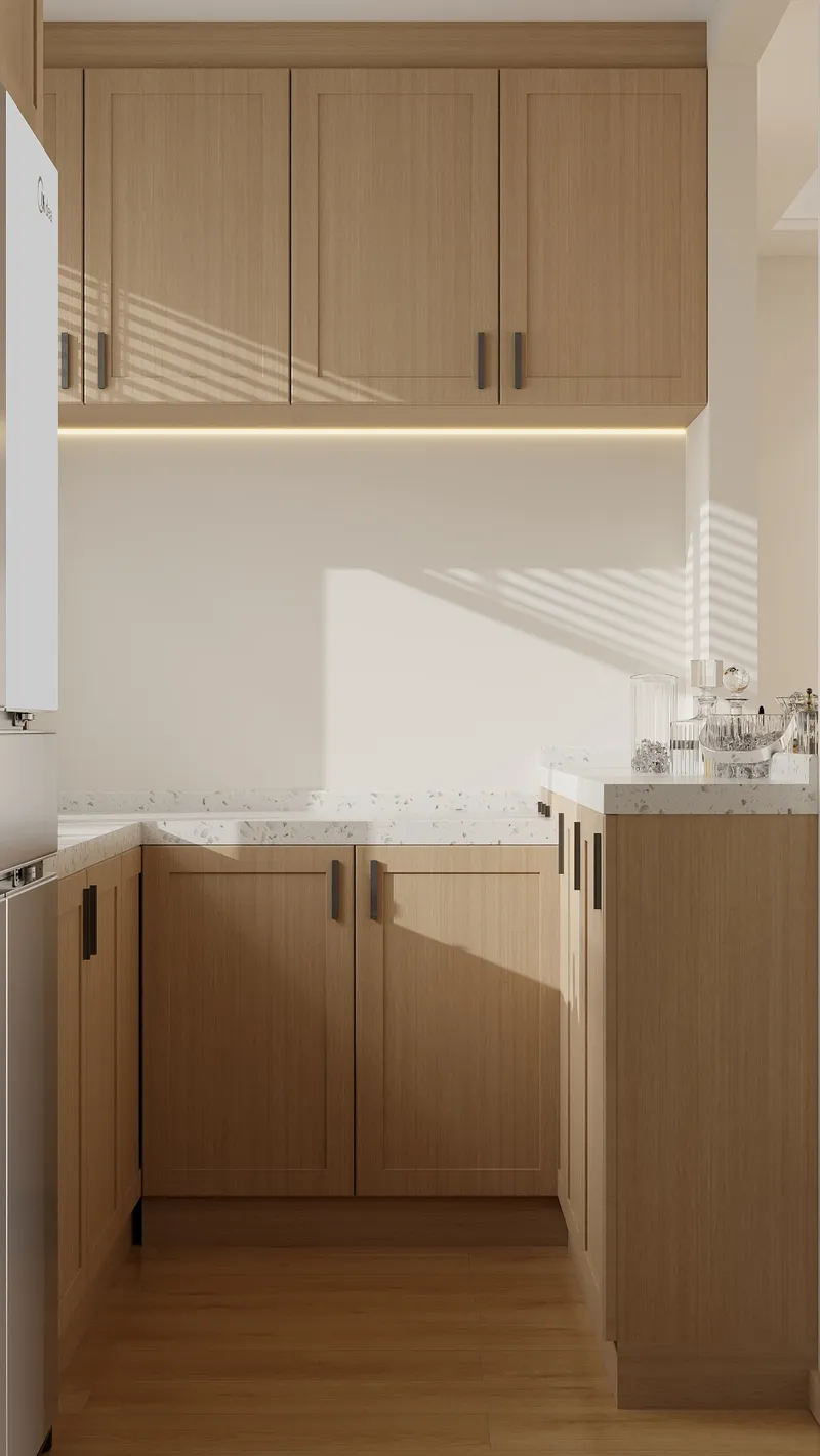 Modern kitchen featuring wooden cabinets with white stone countertops and soft under cabinet lighting for warmth