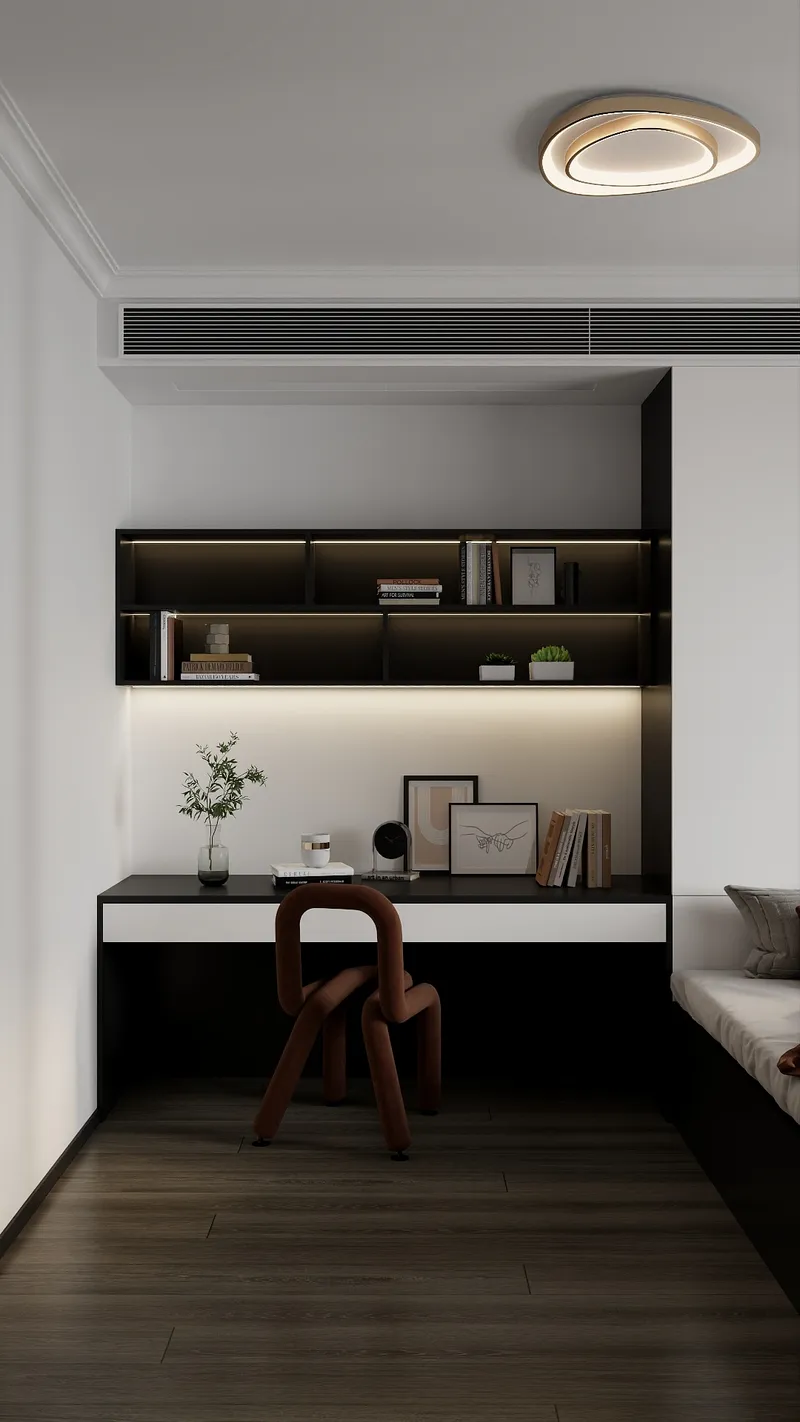 Home office design with a black desk brown chair wall shelves and a ceiling light