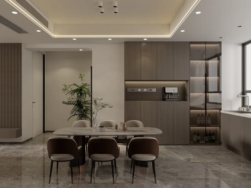 Modern dining room with marble table, six chairs, wood cabinets, coffee machine, and wine cabinet