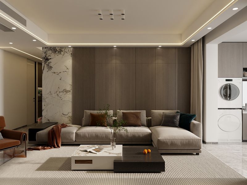 Modern Living Room Design with Integrated Laundry Area