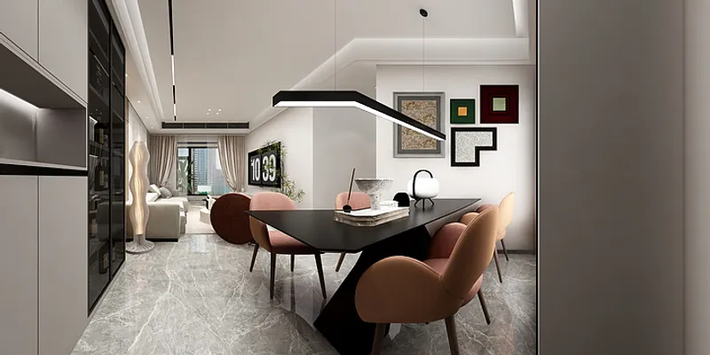 Modern dining room with black table, pink chairs, marble floor, and linear black ceiling light