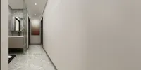Modern hallway interior design drawing with marble floor, white walls, washbasin, and bright ceiling lights