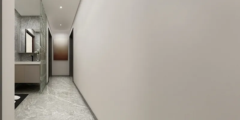 Modern hallway interior design drawing with marble floor, white walls, washbasin, and bright ceiling lights