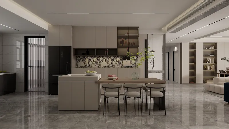 Modern kitchen with white island wooden dining table black fridge grey cabinets and marble floor
