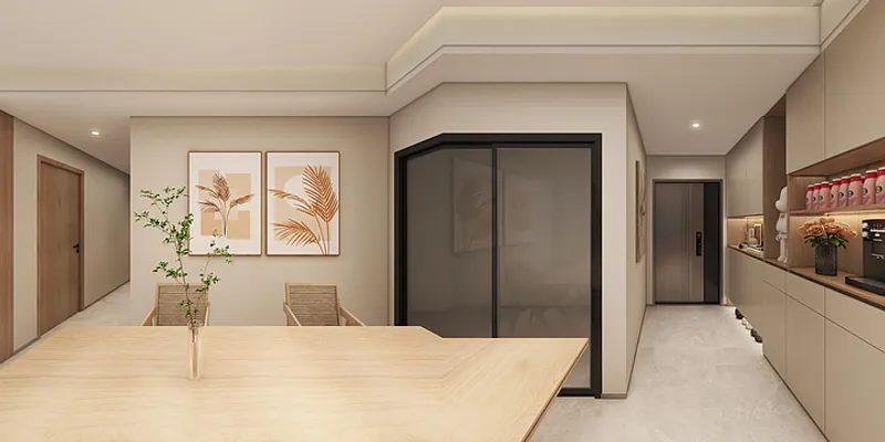 Modern dining area with wooden table, leaf wall art, sliding glass doors, and entrance hallway