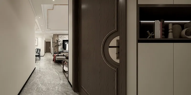 Hallway entry with dark wood door marble floor white ceiling and distant living room area