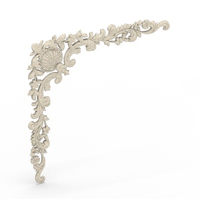 Ornate white wall corner molding with floral patterns and scrollwork on white background