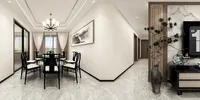 Open dining room and hallway interior design drawing with black table and tall indoor plant
