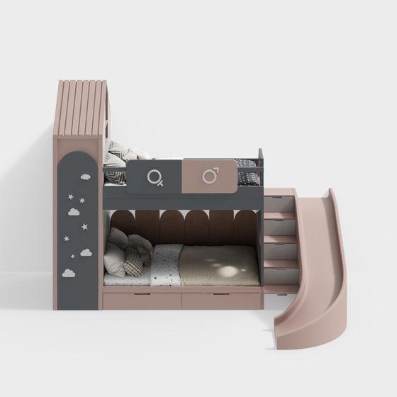 Contemporary Modern Bunk Beds 3D Model in Pink