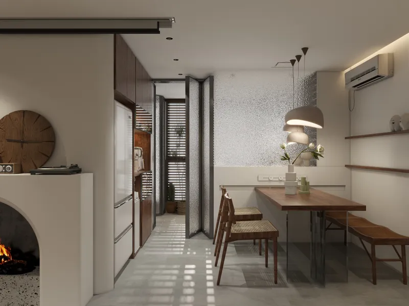 Modern dining area featuring wooden table, chairs, ceiling lights, fireplace, refrigerator, and a glass door