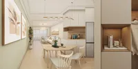 Open plan living room featuring green wall art wooden dining table and modern white sofa