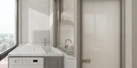 Modern balcony laundry area with white sink washing machine grey cabinet window and glass door