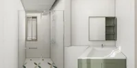 Modern bathroom with glass shower area, white wall tiles, green sink cabinet, and mirrored storage.